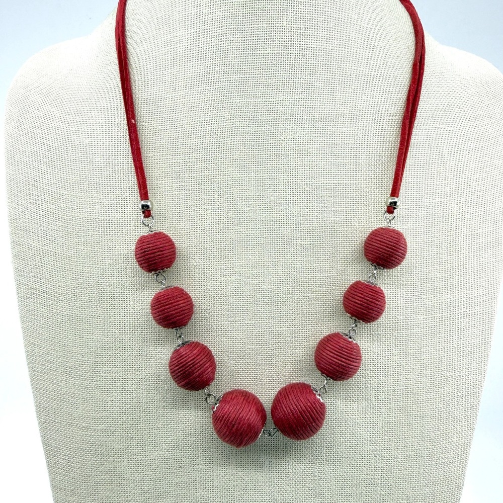 Red Thread Wrapped Bead Chunky Necklace - Boho Casual Gift Jewelry